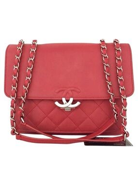 Auth Chanel Tramezzo Box Flap Double CC Logo Calfskin Chain Shoulder Bag Red